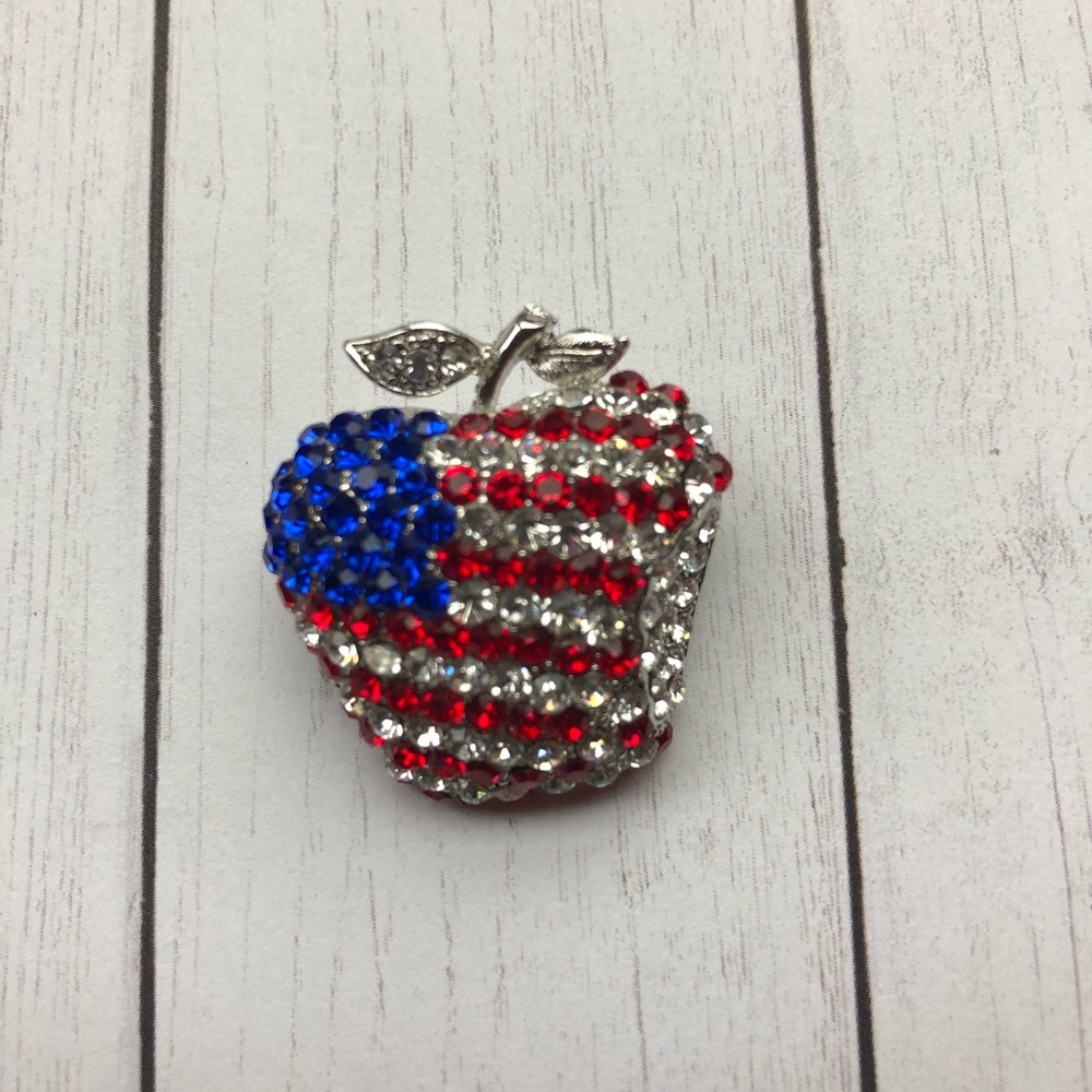 American Flag Apple Rhinestone Pin - Picture 3 of 5